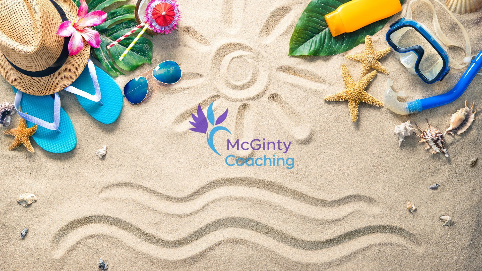 Beach-themed McGinty Coaching logo with seashells, flip-flops, snorkel mask, and starfish on sand