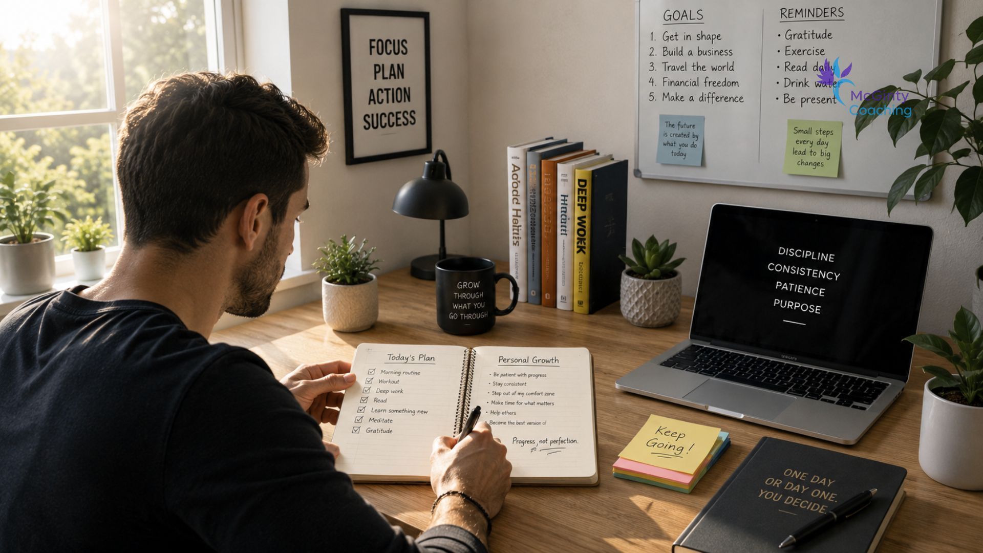 Person studying at a desk with laptop, notebooks, and coffee in a cozy home office
