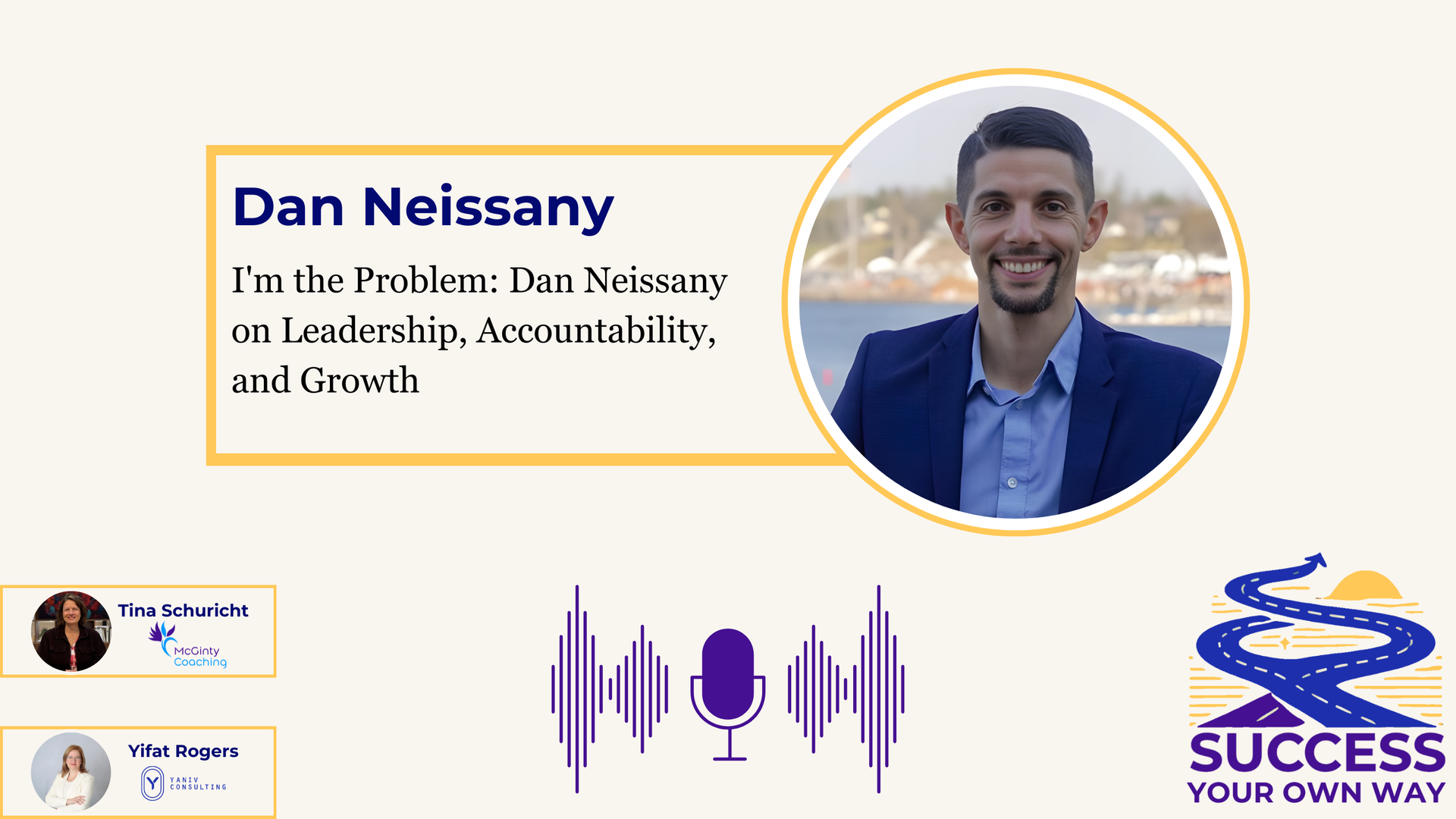 Podcast promo for Dan Neissany, with purple waveforms and a Success logo on a beige background