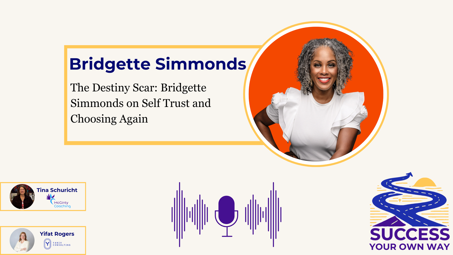 Bridgette Simmonds in orange circle beside title, purple waveform, and Success Your Own Way logo on white background