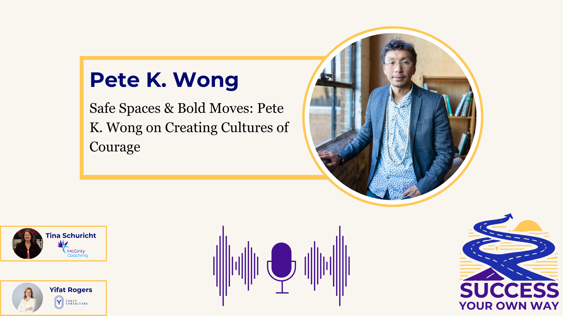 Promotional slide for Peter K. Wong with portrait, purple audio waveform, and Success Your Way logo
