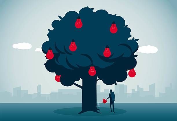 A person waters a tree with red light bulbs as fruit, representing ideas growing with nurturing. City background.