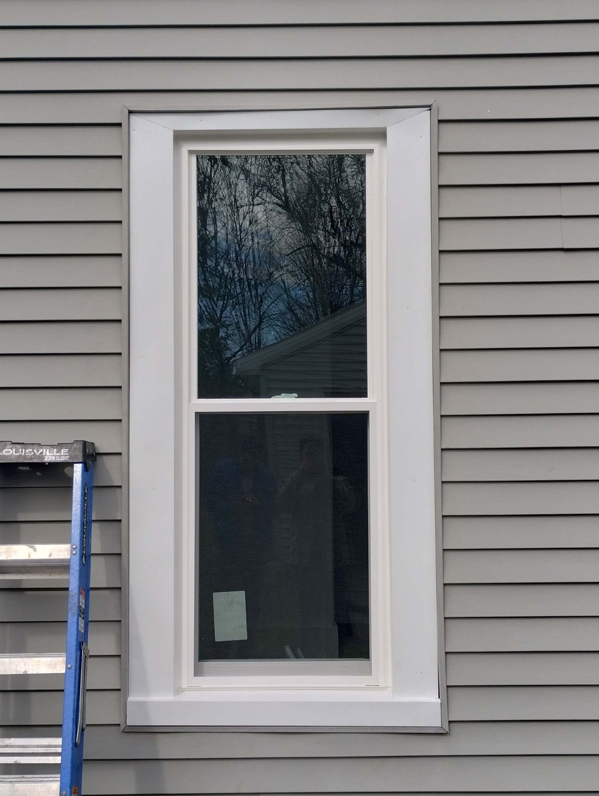 White-framed window in beige siding with a reflection of trees and sky.