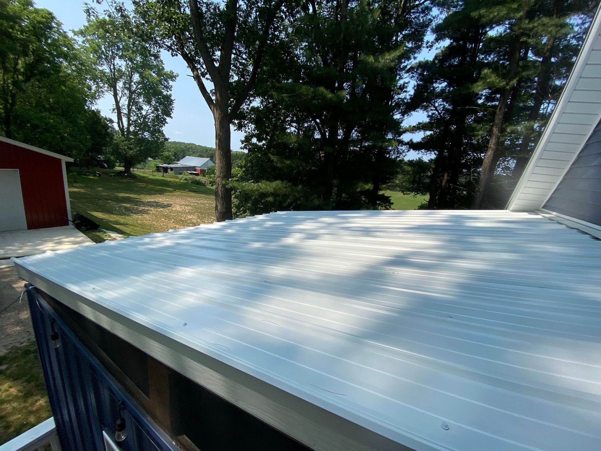 White corrugated roof in a sunny yard with trees and a red shed in the background