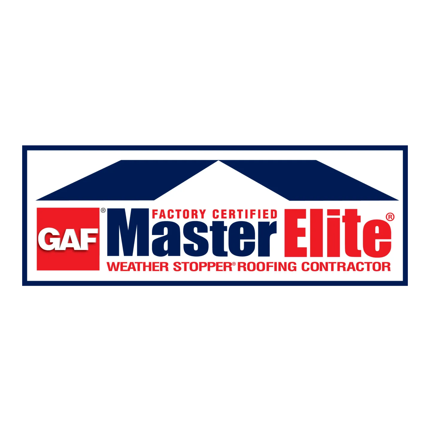 GAF Master Elite weather stopper roofing contractor logo in red, white, and blue