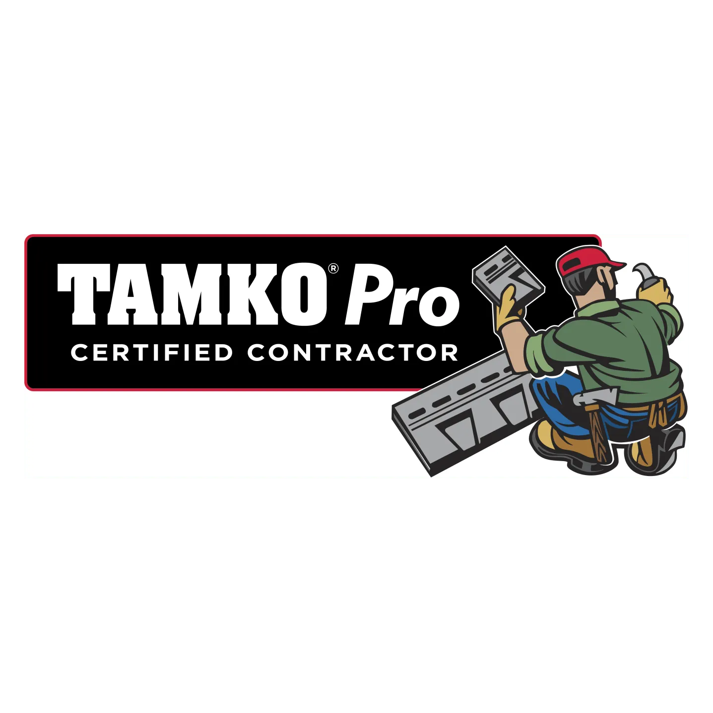 TAMKO Pro Certified Contractor logo with a roofer carrying shingles and tools