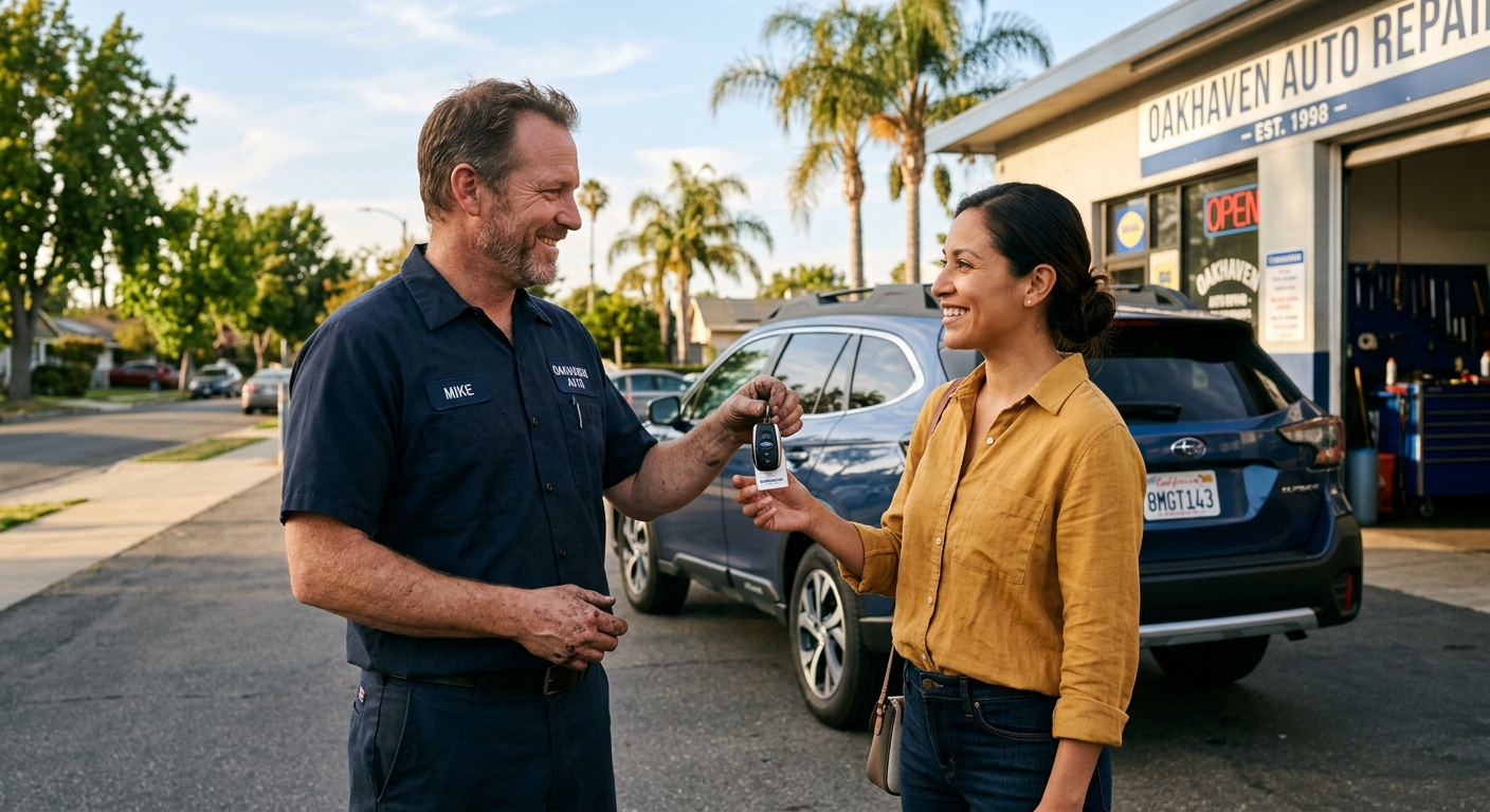 Auto repair shop technician checking a customer's vehicle parked inside a busy California garage bay