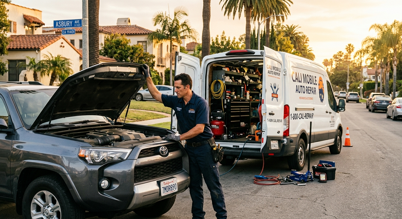 Mobile mechanic in work uniform inspecting an engine in a residential driveway beside a service van with tools laid out