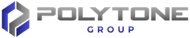Polyton Group logo with gray and blue geometric icon and text on white background