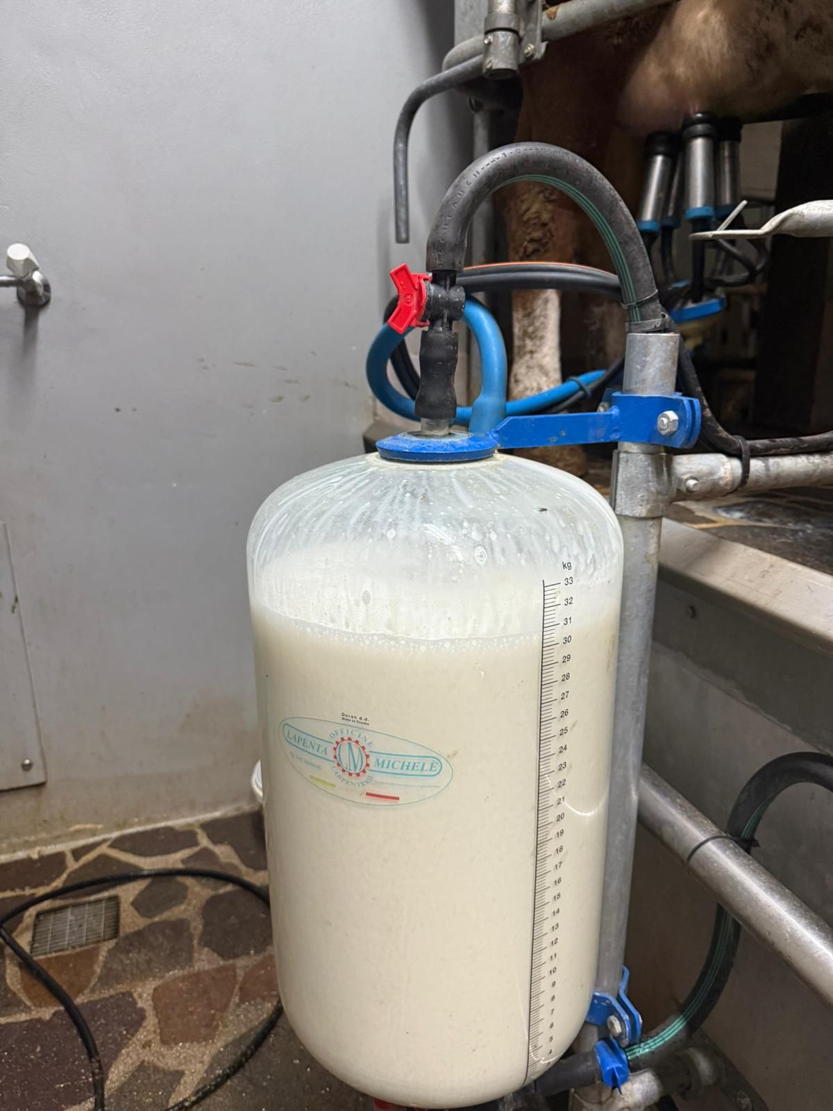 Serbatoio cilindrico bianco con tubature blu e valvola rossa in un contesto industriale.