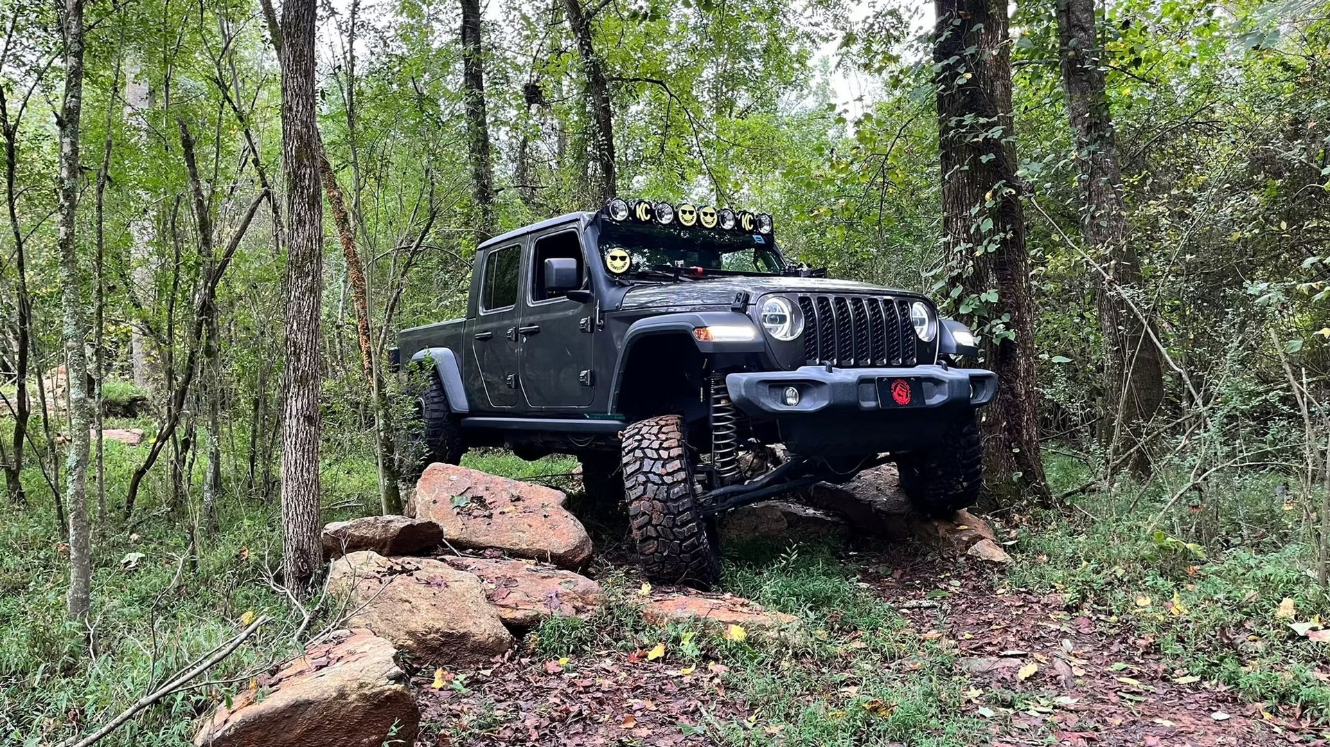 A jeep is parked on a rock in the middle of a forest.