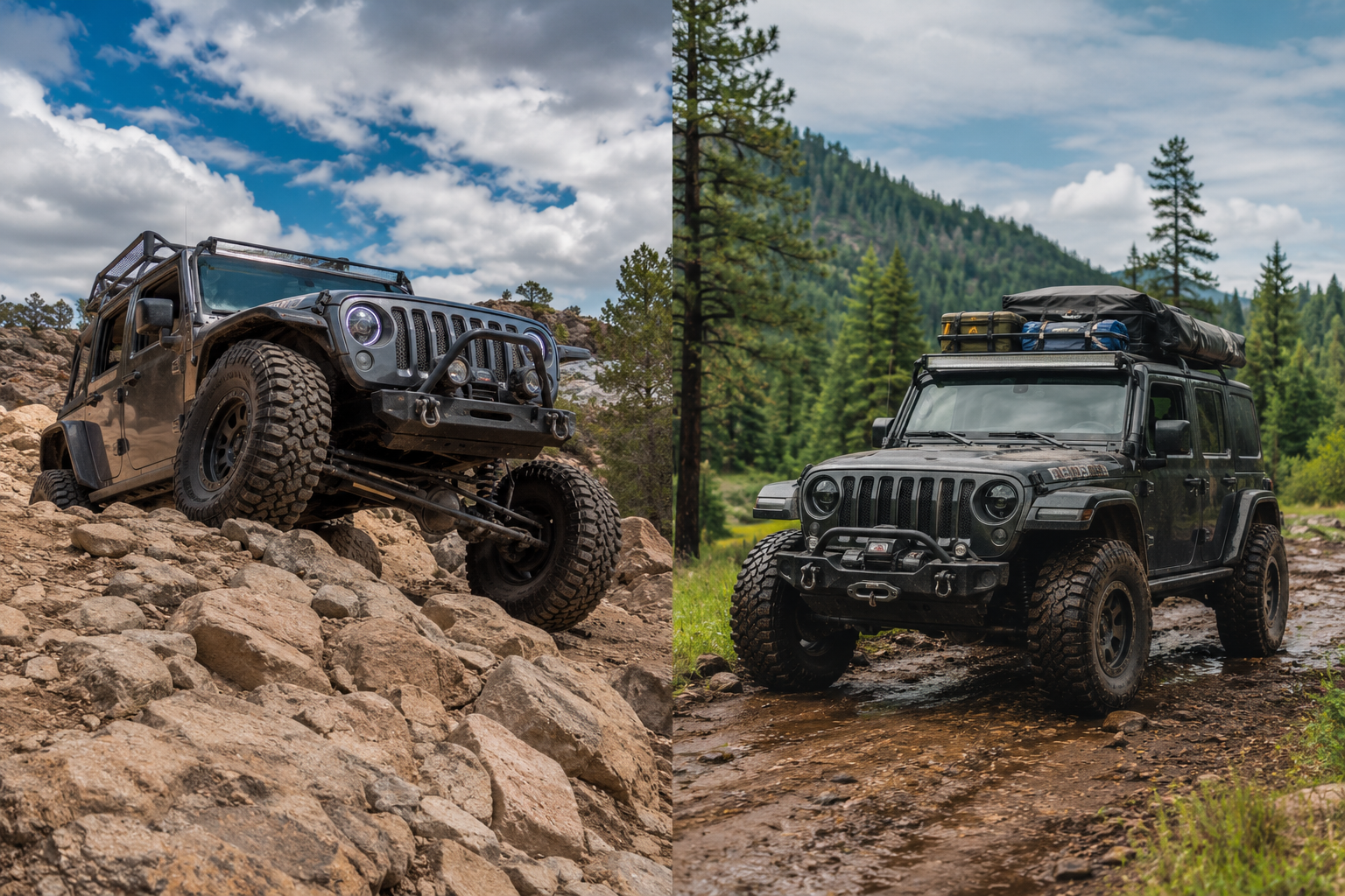 Two off-road Jeeps on a rocky forest trail, one climbing rocks and one on muddy ground