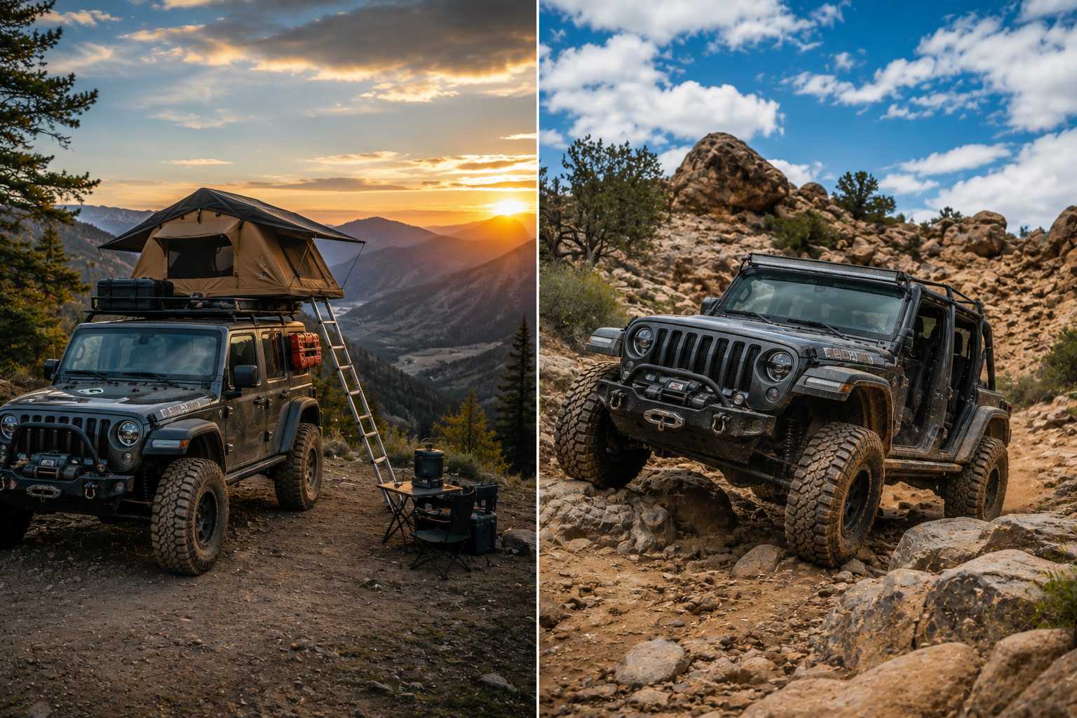 Off-road Jeep by mountain camp at sunset, and Jeep climbing rocky trail under a blue sky
