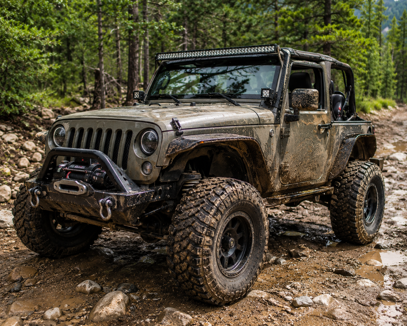 Mud-covered Jeep Wrangler on a rocky forest trail