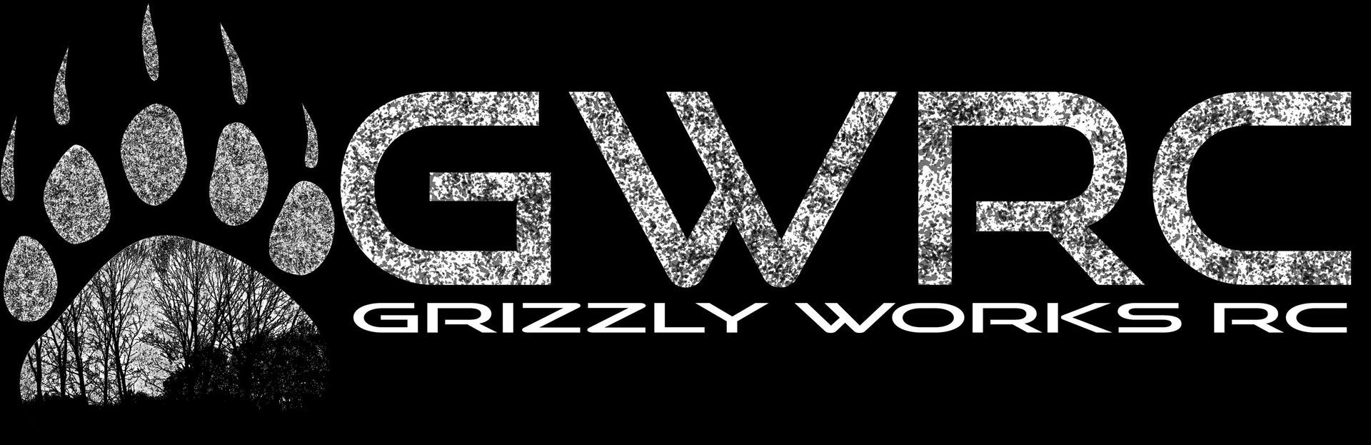 Grizzly Works RC logo with a bear paw print and stylized white text on black background