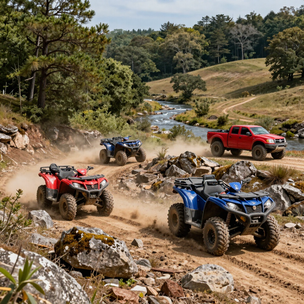ATVs and a red pickup truck drive through a dusty off-road trail beside a river in a wooded landscape