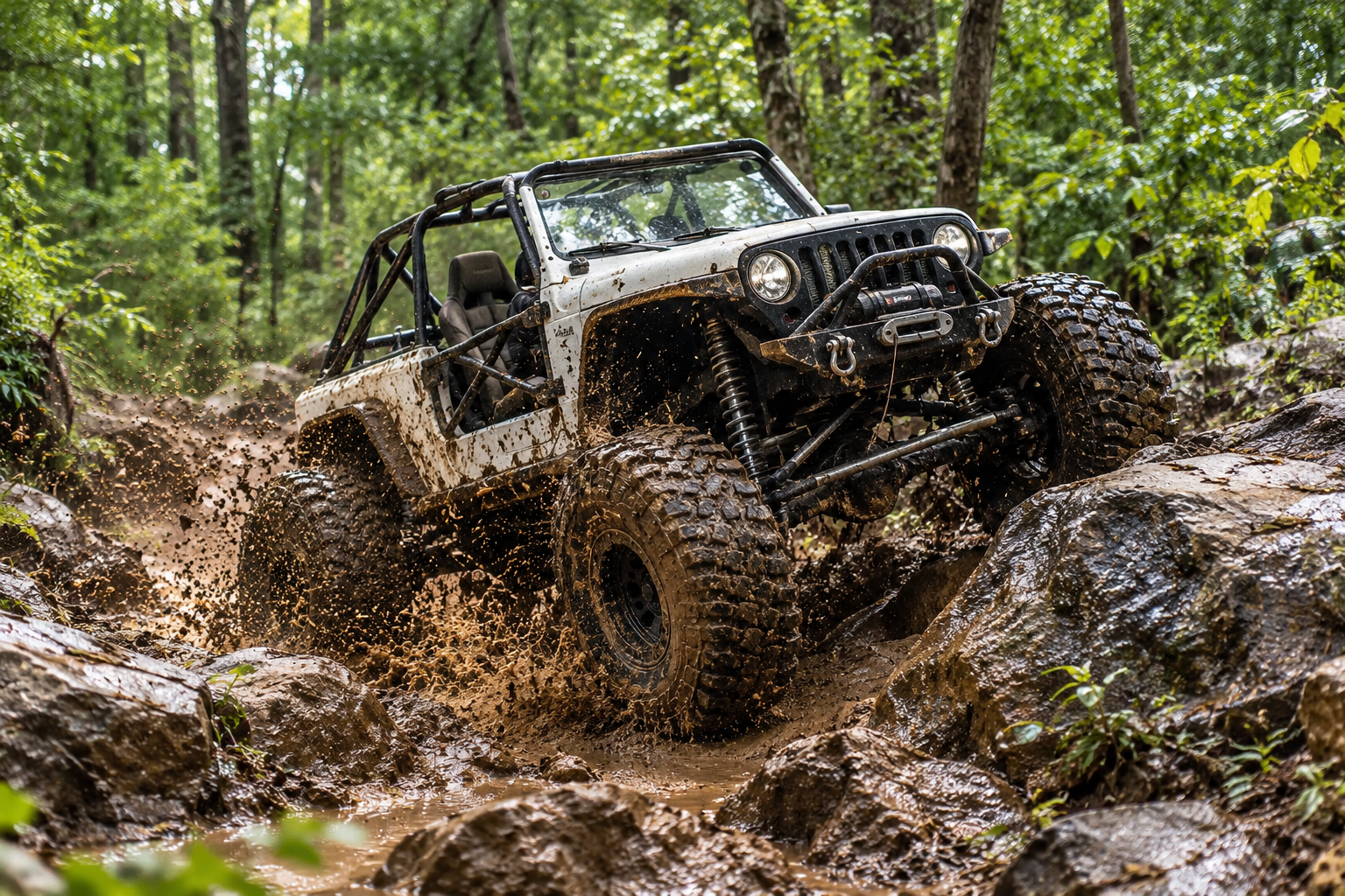 Mud-covered off-road jeep splashing through a forest trail