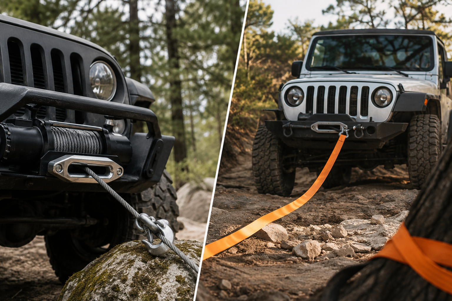 Jeep off-roading on rocky trail, shown close-up with a tow strap attached to the front bumper.