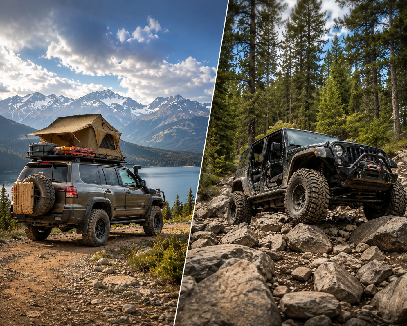 Overland truck in mountain lake camp and off-road rock crawl in a forest, split-screen view