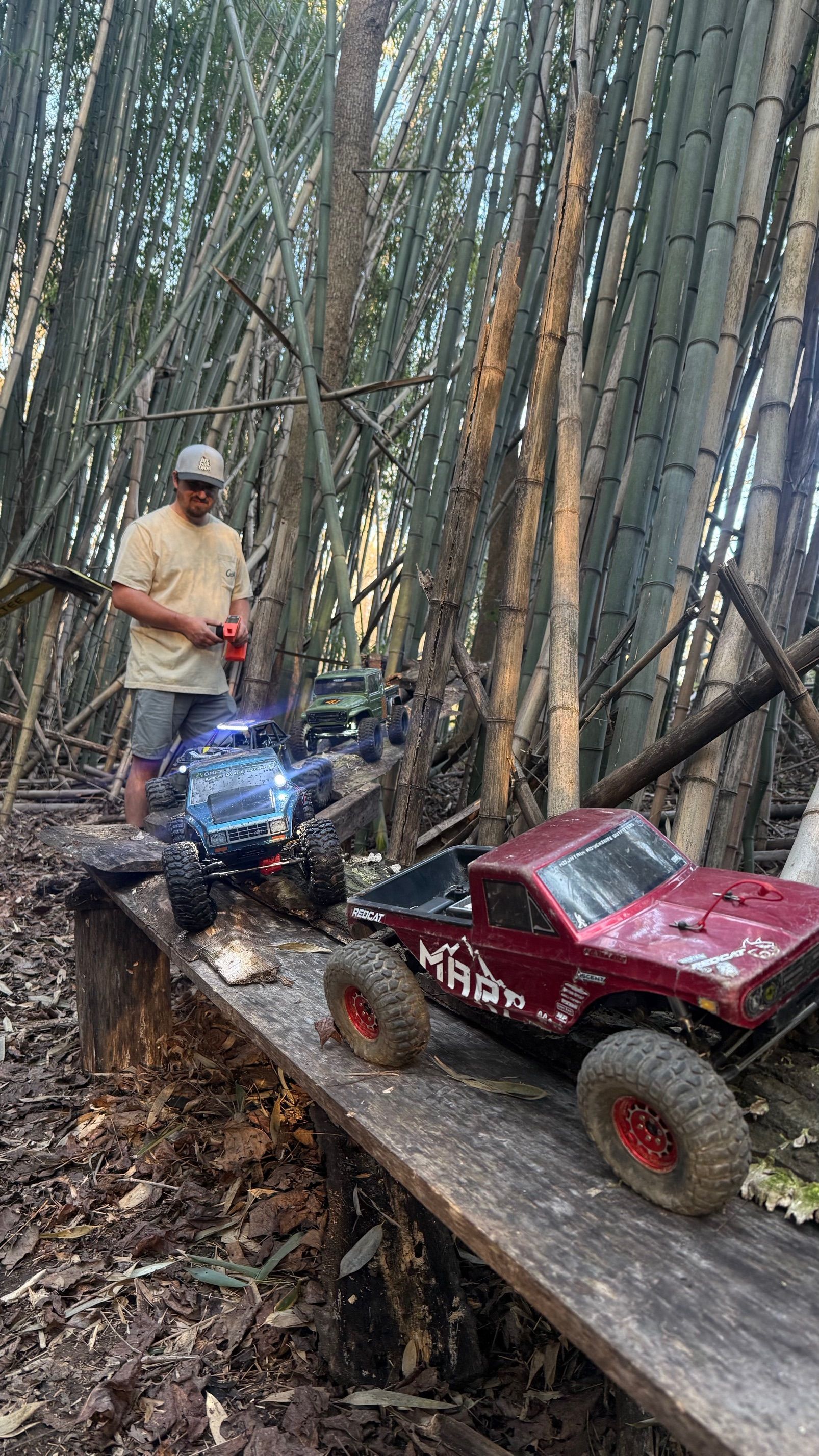 Two RC off-road trucks on a plank in a bamboo forest, with a person standing beside them.