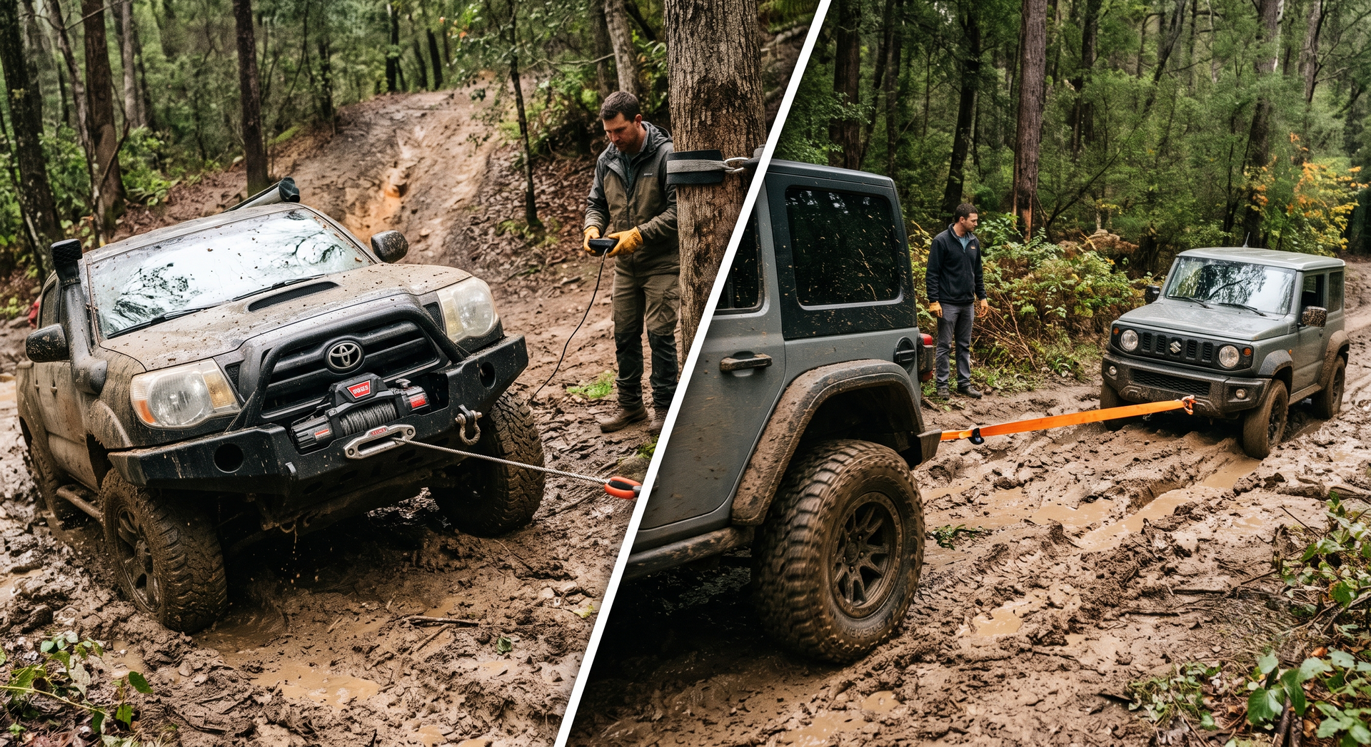 Jeep SUV off-roading in muddy forest, shown stuck and being winched by another vehicle