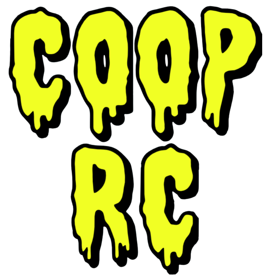 Yellow drippy text reading “COOP RC” on a white background