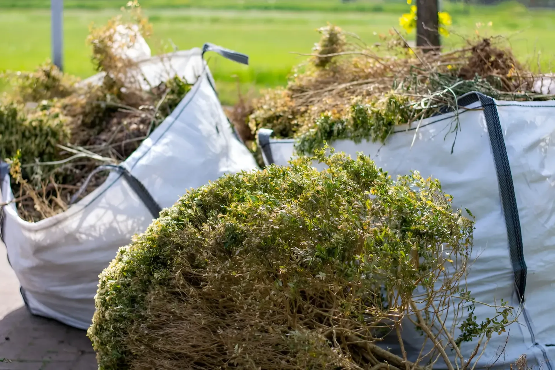 White Yard Waste Bags Filled With Green and Brown Plant Clippings — Garden City Slashing in Highfields, QLD
