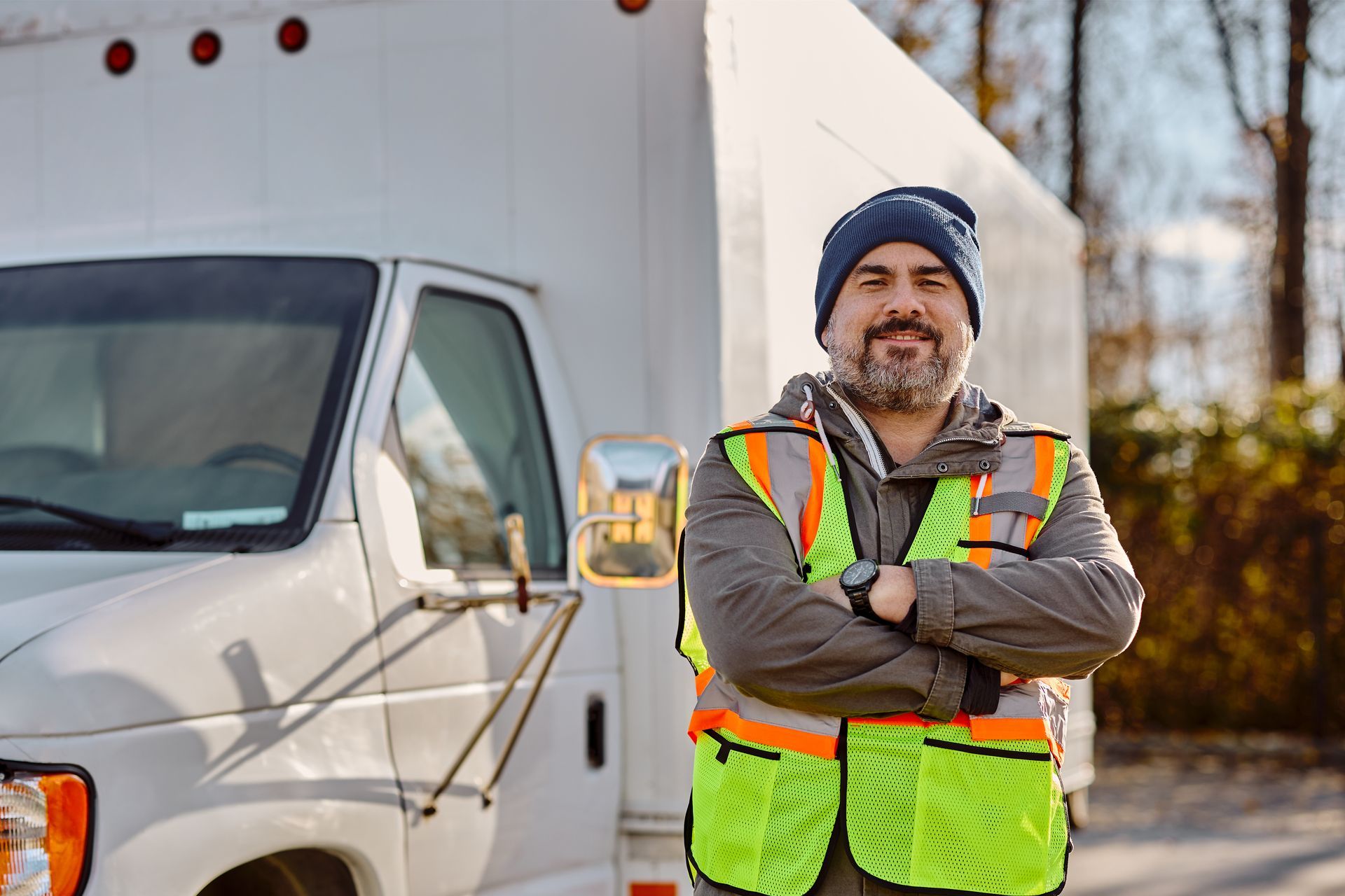 A man in a safety vest is standing in front of a truck.