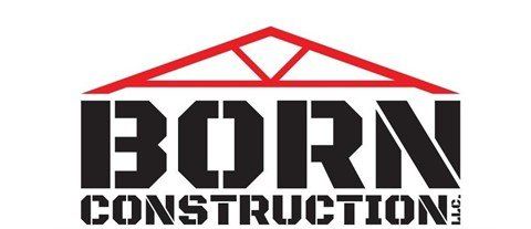 Logo for Born Construction featuring red roof and black bold text.
