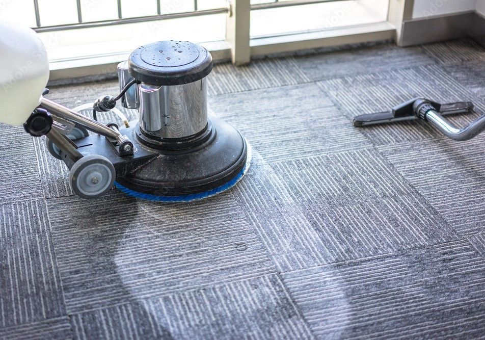 Floor buffer cleaning a carpeted room near a bright window.