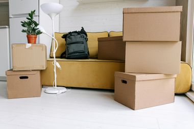 Moving boxes and a plant beside a white floor lamp in a sparse living room