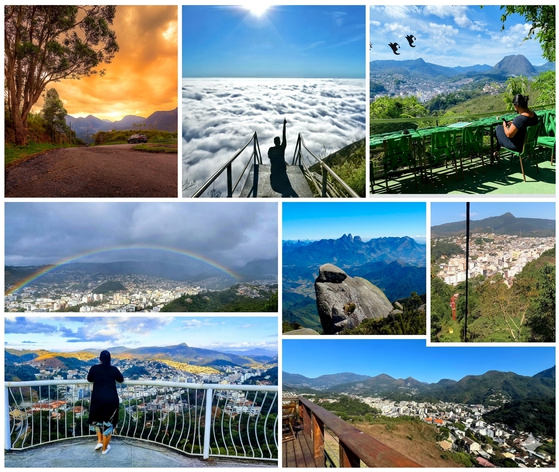 Uma colagem de paisagens montanhosas com nascer do sol, nuvens, arco-íris, vales e vistas panorâmicas de colinas e cidades.