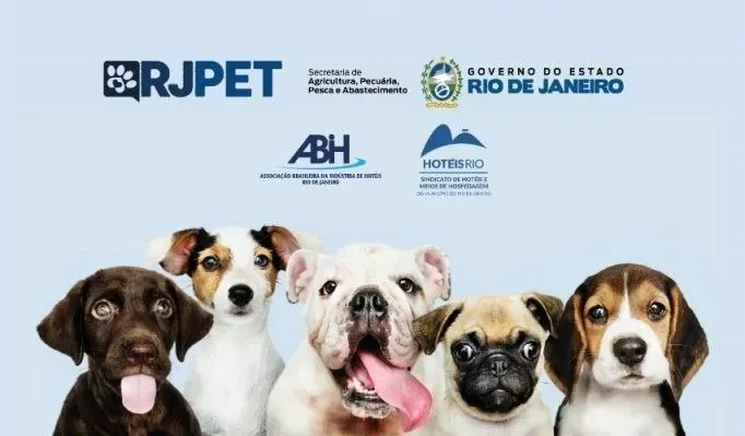 Cinco cachorros enfileirados contra um fundo azul claro com os logotipos da RJPET, ABH e Rio de Janeiro acima.