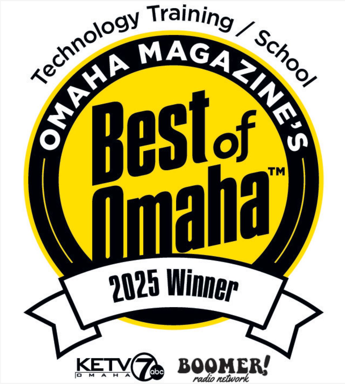 Best of Omaha 2025 Winner badge with yellow and black logo and ribbon