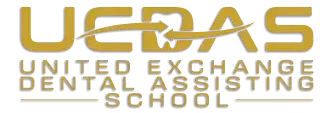 Logo for United Exchange Dental Assisting School in gold and white text