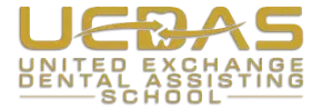 Logo for United Exchange Dental Assisting School in gold and white text