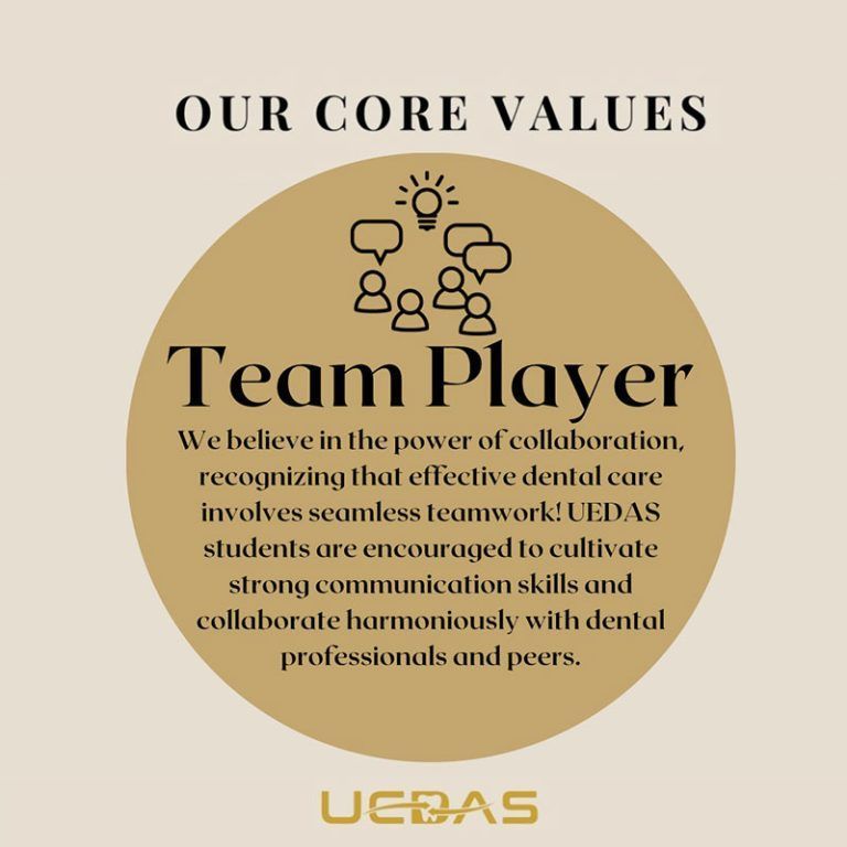 “Team Player” core value poster with gold circle, black text, and teamwork icon above UGBAS logo