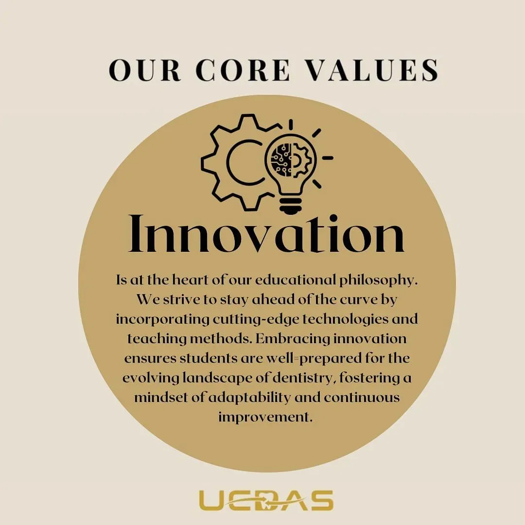Our core values: Innovation on a beige poster with a gear and lightbulb icon, and UBAS logo below
