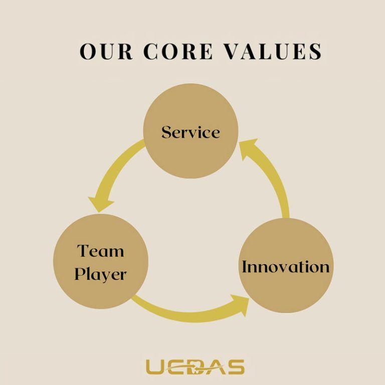 “Our core values” graphic with gold circles for Service, Team Player, and Innovation linked by arrows.