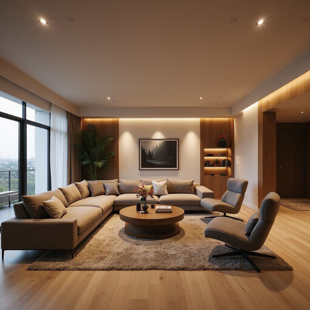 Modern living room with sectional sofa, armchairs, round coffee table, and warm recessed lighting