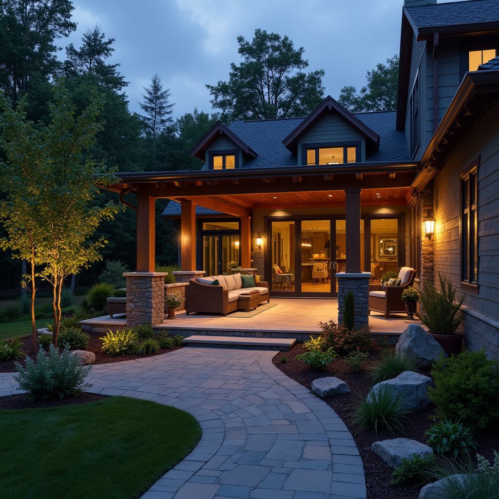 Luxury house patio at dusk with warm lights, stone path, and landscaped garden