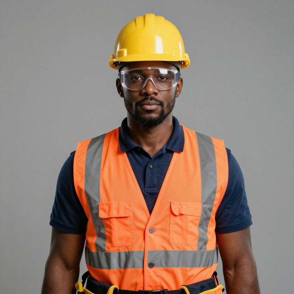 Worker wearing a yellow hard hat, orange safety vest, and clear goggles against a gray background