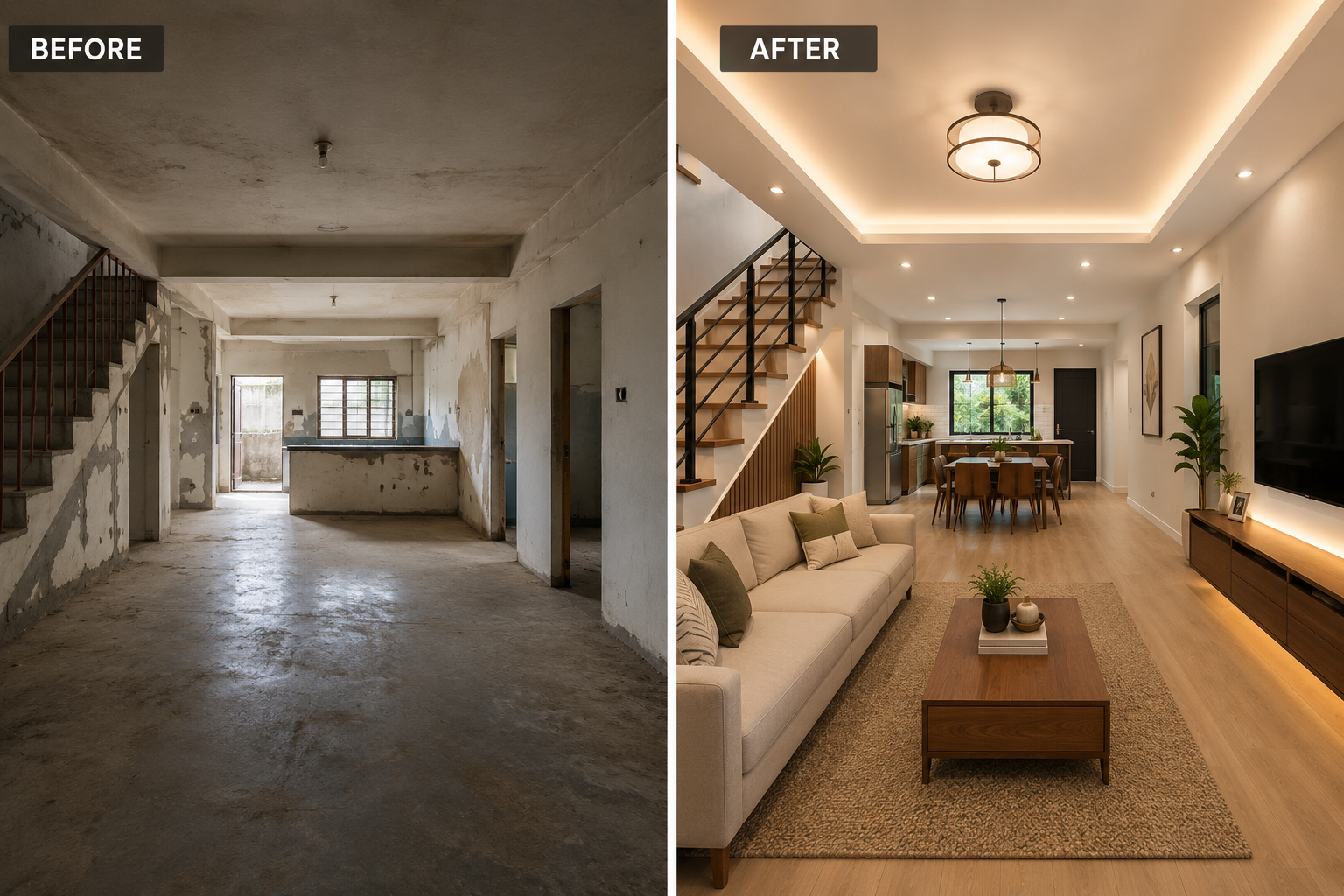 Before-and-after of a dim, unfinished room transformed into a bright modern living room.
