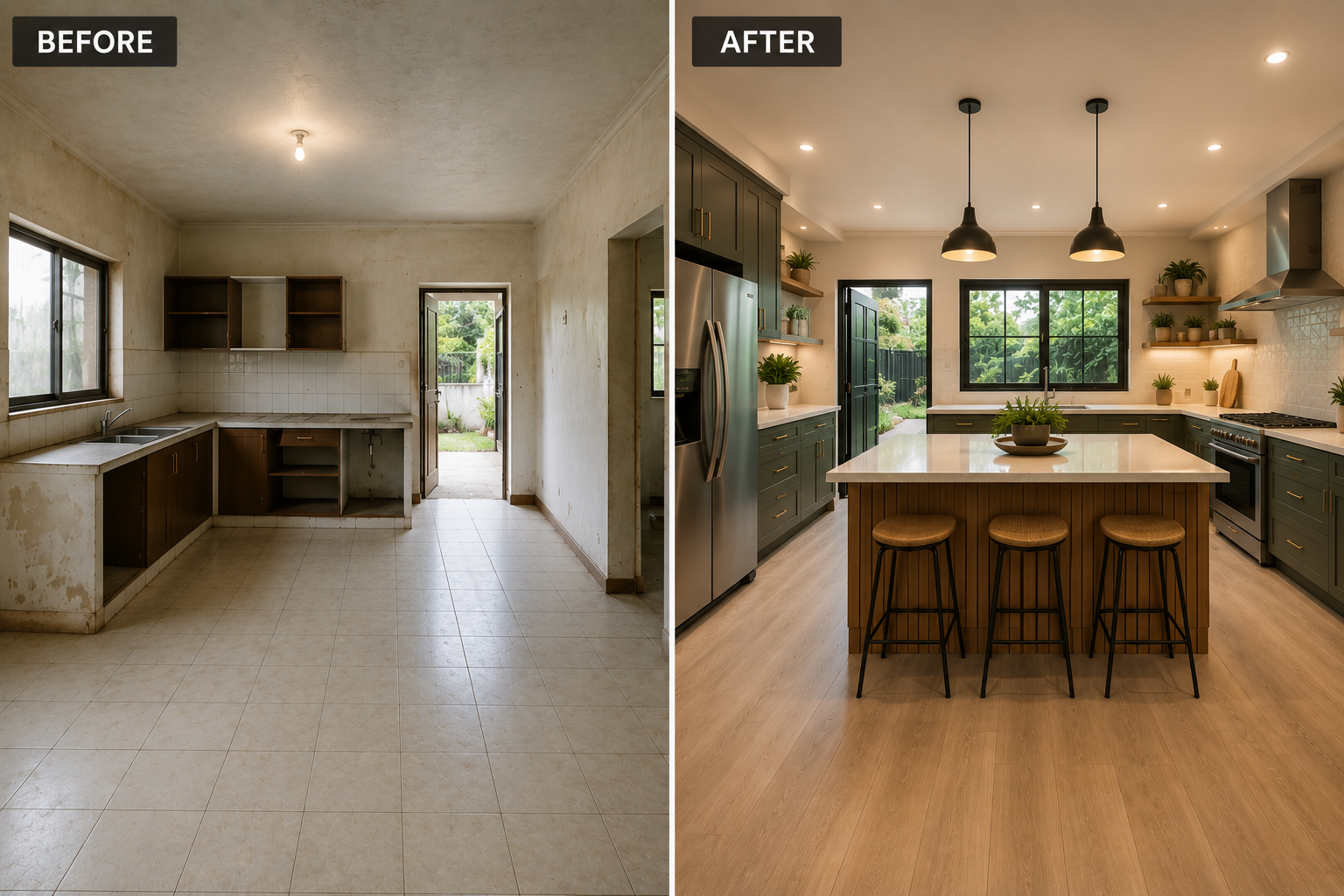 Before-and-after kitchen renovation: dated beige kitchen transformed into bright modern kitchen with island and pendant lights.