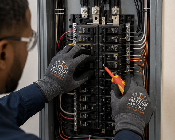 Electrician testing a circuit breaker panel with a multimeter and screwdriver.