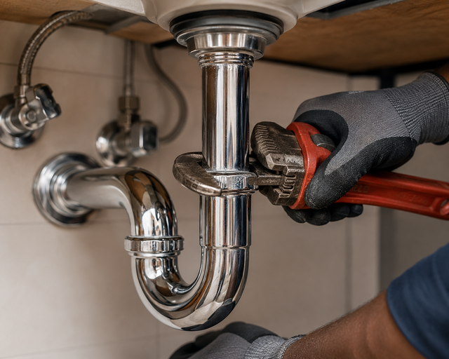Hand tightening a chrome sink drain pipe with a red wrench under a sink