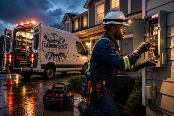 Utility worker servicing an electrical meter beside a white service truck at dusk
