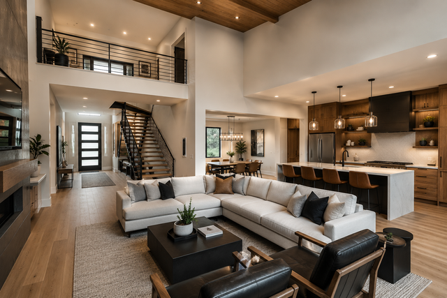 Modern open-concept living room with loft, sectional sofa, staircase, and kitchen island in a warm wood interior