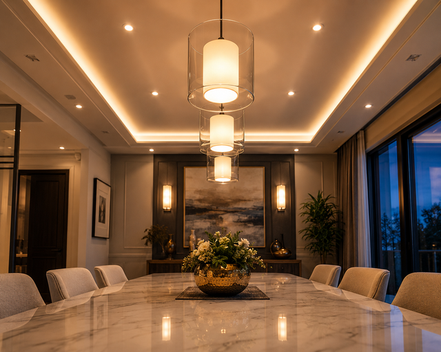 Elegant modern dining room with a marble table, cushioned chairs, and warm pendant lighting