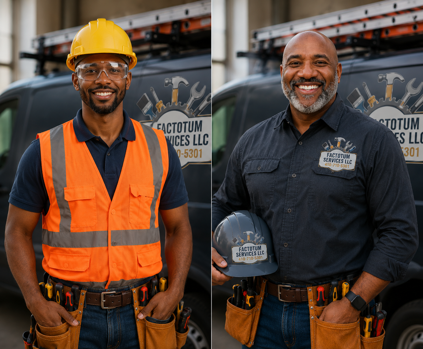 Two construction workers in hard hats and safety vests smiling at a worksite, one holding a helmet